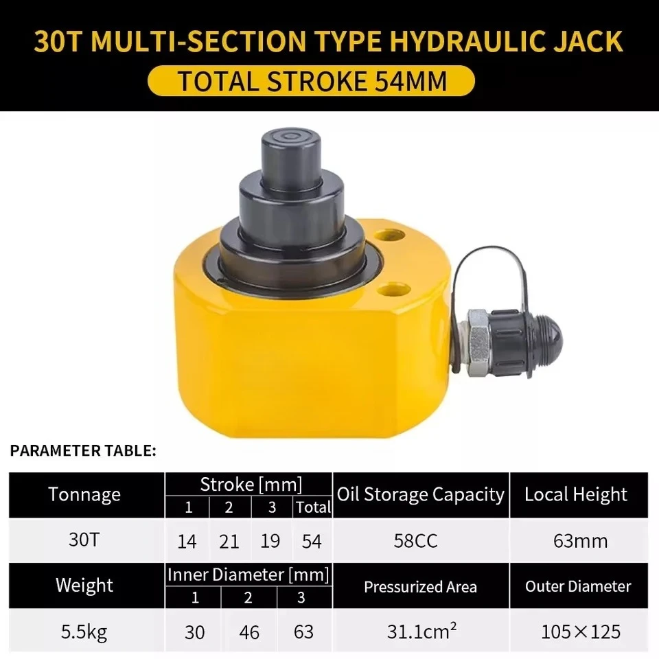 Portátil 30t multi-seção mini cilindro hidráulico baixo perfil ram jack ajustável 54mm curso elevador altura ferramenta de construção