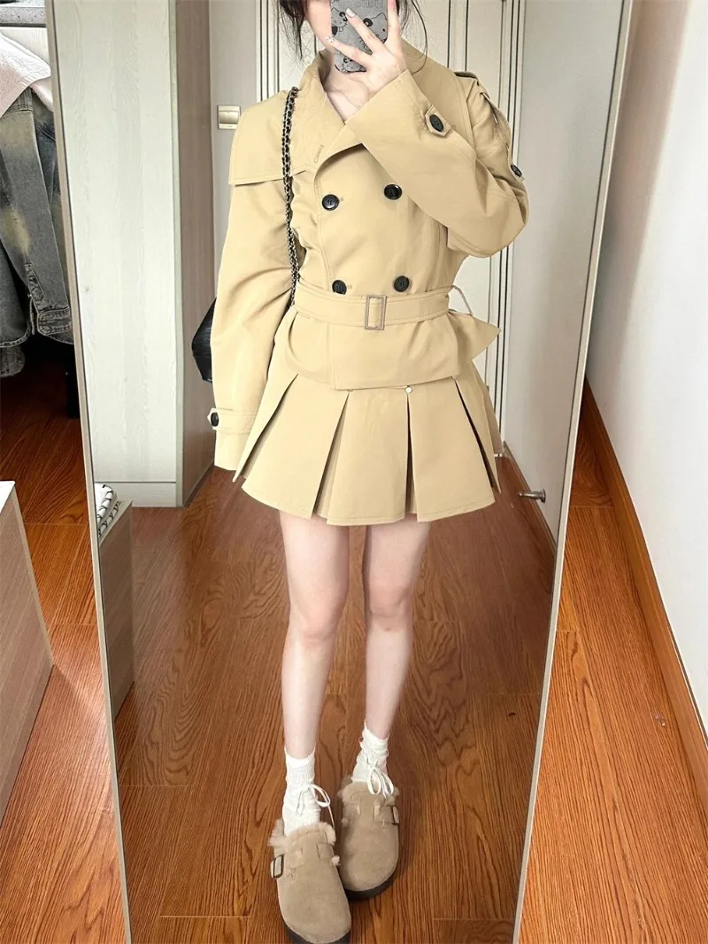 Casual Dress Sets Short Double Breasted Trench Jacket Top Waist Slim A-line Pleated Skirt Early Autumn Women's Two-piece Set