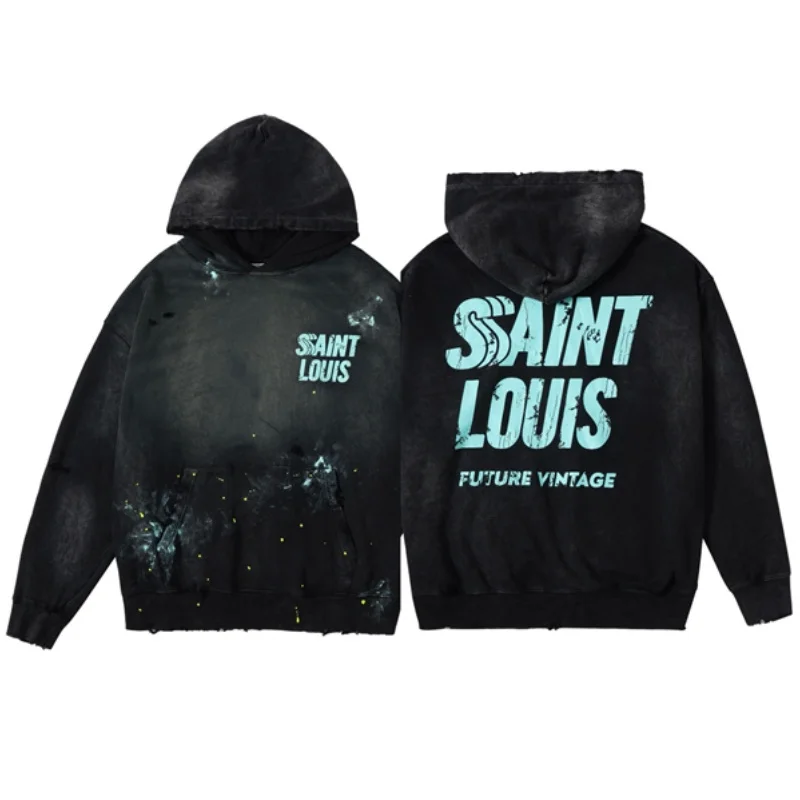 

Washed Vintage Black SSSAINT LOUIS Splash Ink Graffiti Letters Print Hoodie High quality Men Women Oversized Pullover Sweatshirt