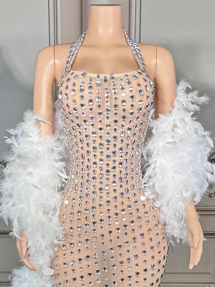 High Quality Rhinestone Sexy Neck Hanging Elastic Dress+Feather Shawl 2025 New Fashionable Custom Women'S Clothing