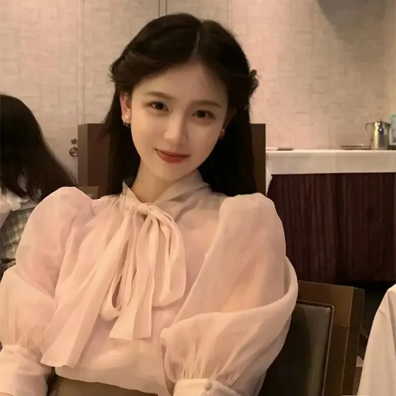 

2025 early spring Japanese sweet bow streamer bubble sleeve short sleeve organza shirt women