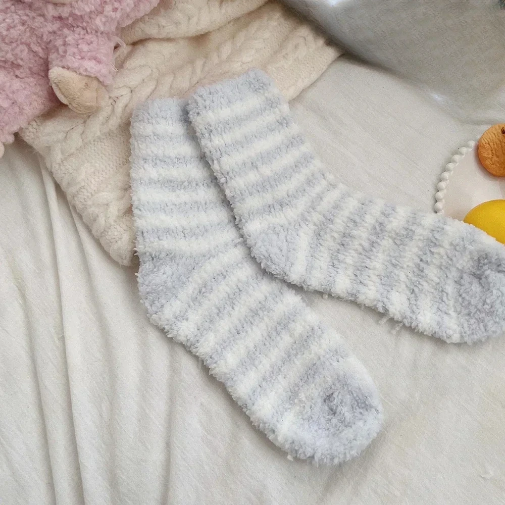 

Striped Socks Soft Women Fluffy Socks Thick Coral Velvet Winter Warm Home Indoor Floor Towel Sock Woman Calcetines Носки