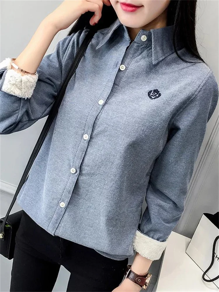 Very Thick Women Winter Style Blouses Shirts Lady Casual Long Sleeve Turn-down Collar Velvet Blusas Tops DF3161