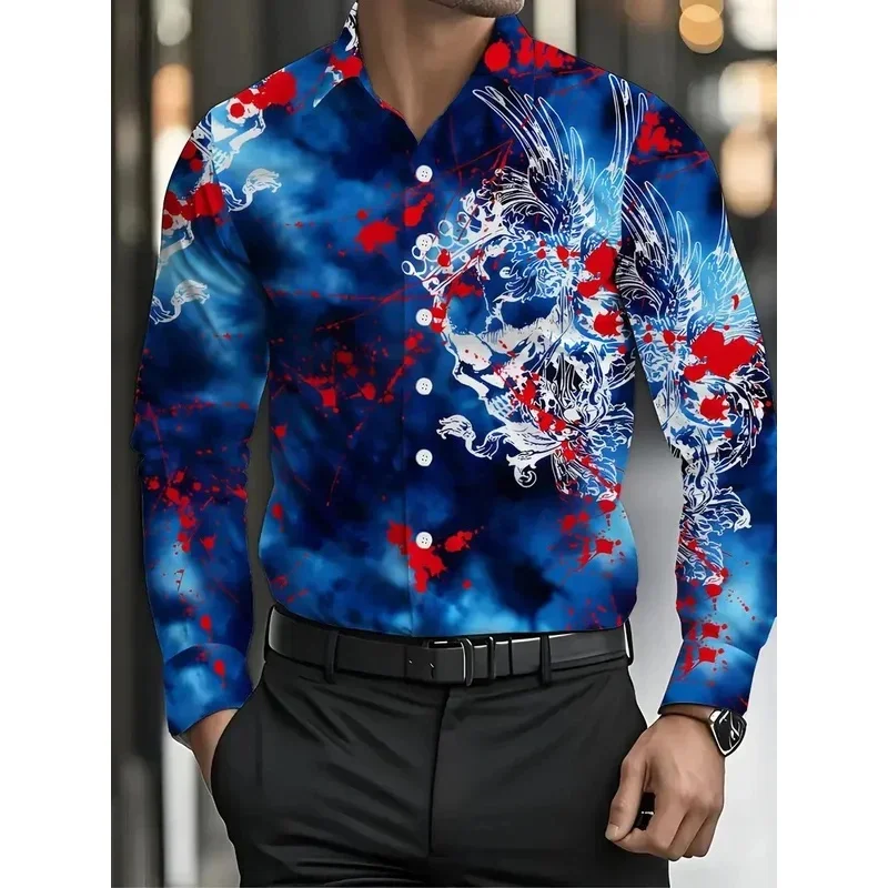 Men Long Sleeve Button Down Shirt Yellow Black Western Cowboy Floral Splicing Print Polyester Lapel Collar Casual
