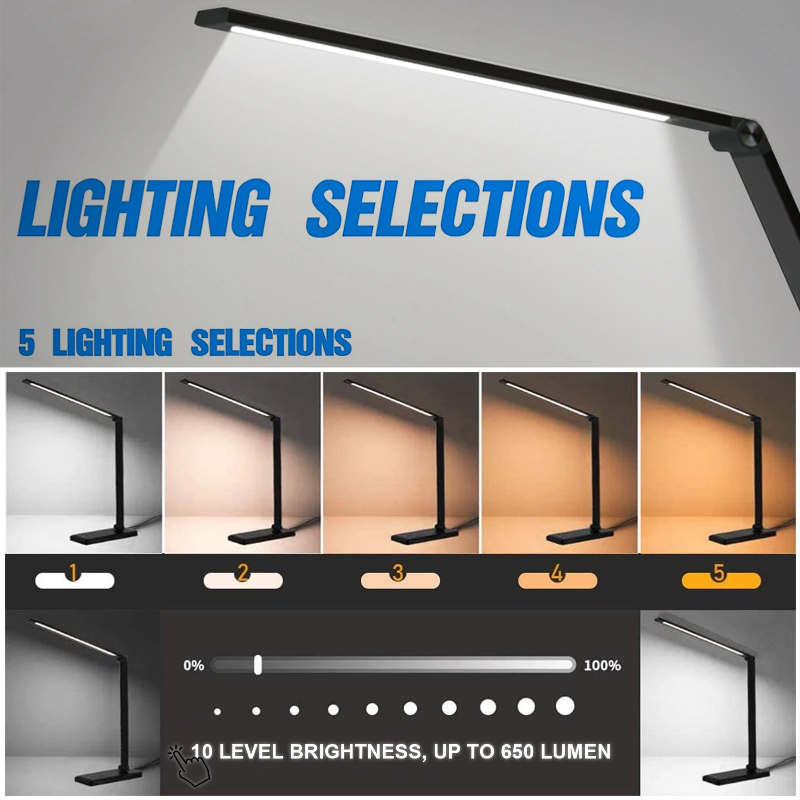 ledデスクランプ、ワイヤレス充電器付き、5色モード、10段階調光可能、360度回転-°-折りたたみ式で目に優しい、ホームオフィス用