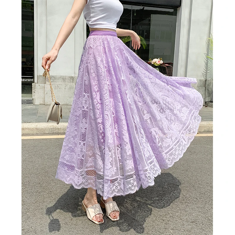 Elegant Lace Mesh Midi Skirt Women Fashion White Tulle Pleated Skirts Summer Streetwear Korean High Waist Black A Line Skirt New