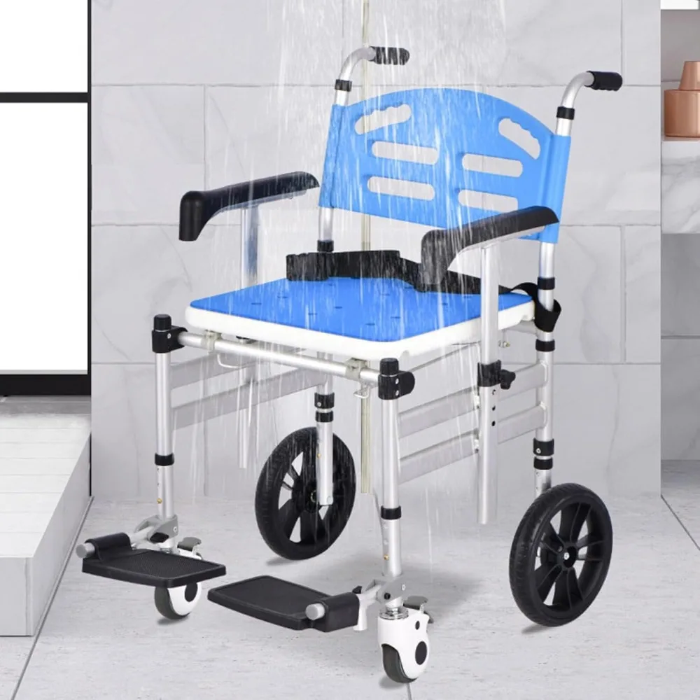 

Foldable Mobile Toilet Shower Stool for Seniors with Wheels with Padded Seat Back and Height-Adjustable Backrest Commode Chair