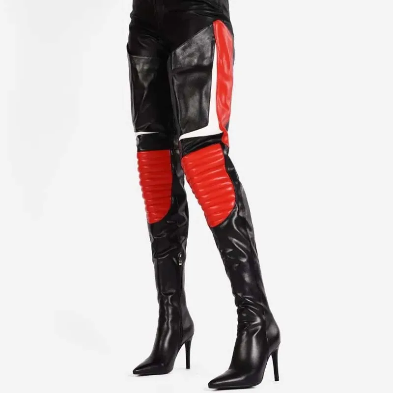 

Colorful Mixed Color Women's Over Knee Boots Slim High Heels Side Zipper Pointed Shoes Lady Large Size 44 Thigh High Booties