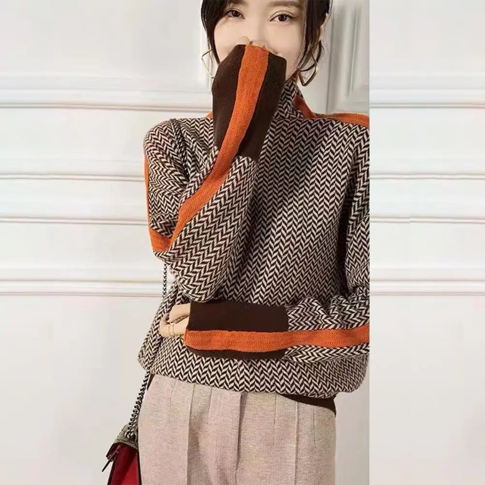 Women Autumn Winter Contrast Color Sweater High Collar Long Sleeve Splicing Design Knitting Tops Thick Warm Pullover Tops