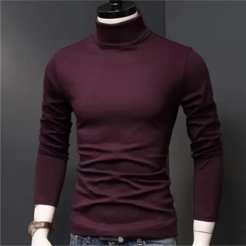 Men's High Neck Long Sleeved Tight Fitting T-shirt Elastic Slim Fit Solid Color Warm Coat Autumn Winter Multifunctional Warm Top