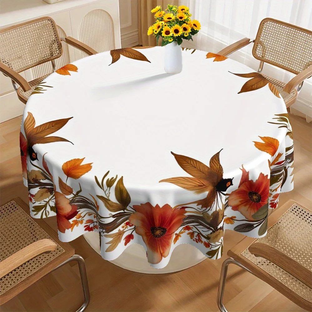1pc Autumn Flower Garland Tablecloth - Light peach and gray polyester, circular machine-made designzyc
