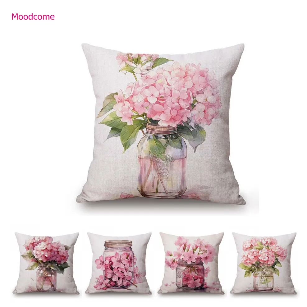 Pink Red Cherry Peach Blossom Flower Vase Nordic Flower Bouquet Cotton Linen Home Decoration Sofa Pillow Case Cushion Cover