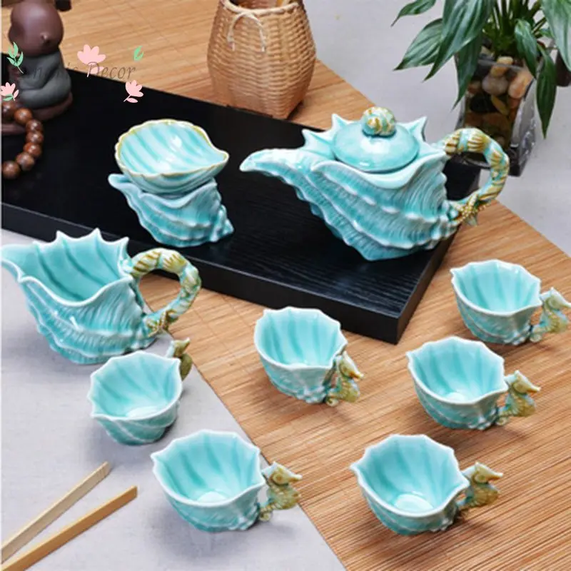 The whole set of ceramic beam pot tea set, celadon set, light luxury tea set, large teacup, four cups in one pot of tea sea view 6