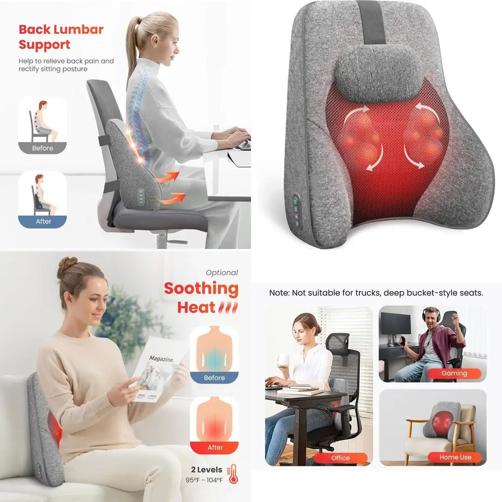

Heated Lumbar Support Pillow with Shiatsu Massage and Memory Foam for Office, Car, and Gaming Chairs - Gray
