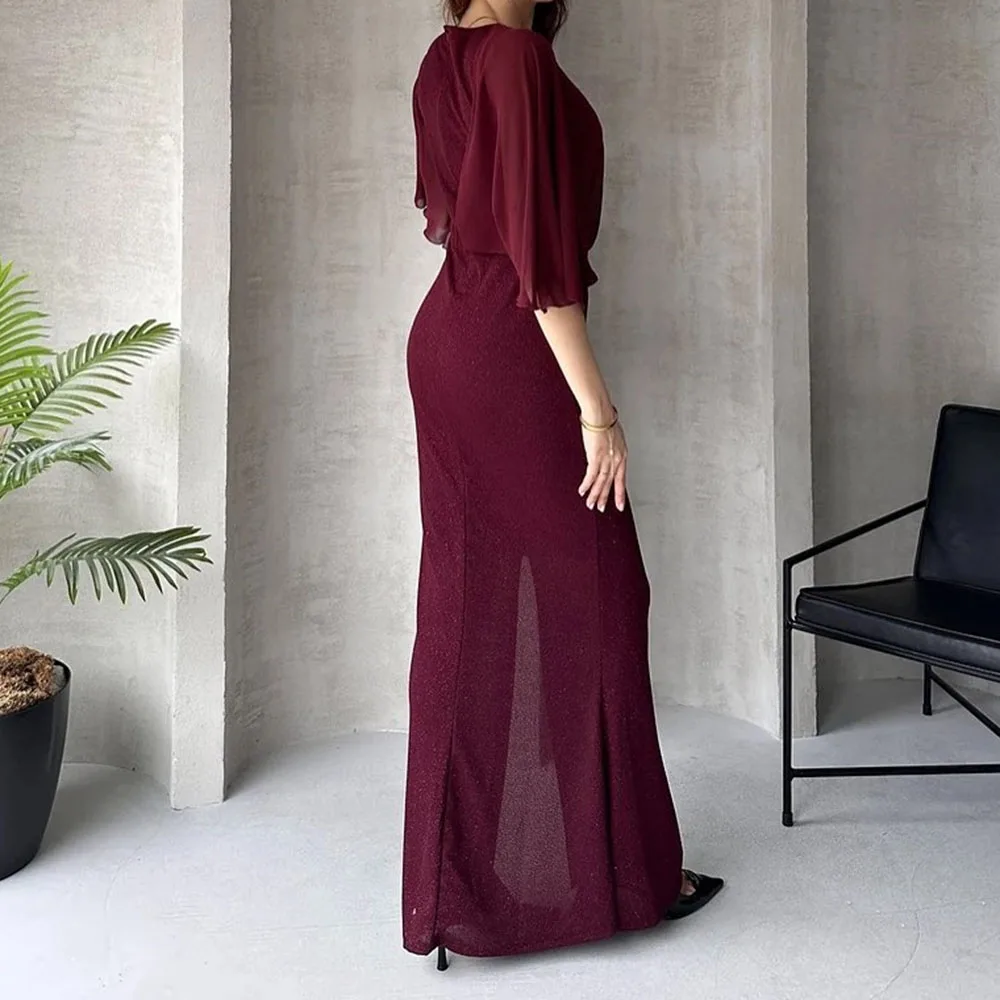 فساتين سهرة مخصصة على شكل حرف a طول الأرض ورقبة على شكل حرف v نصف كم فستان حفلات موضة مطرزة بفتحة جانبية ثنيات للحفلات