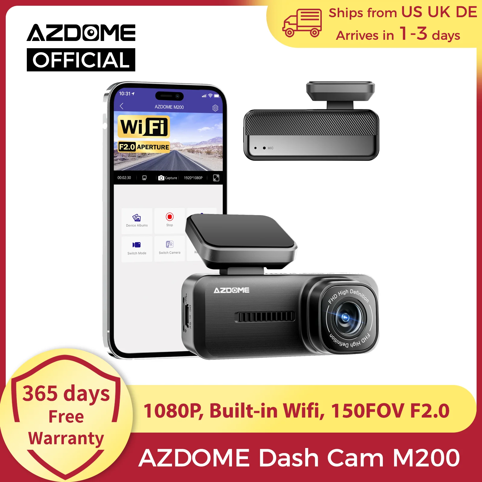 AZDOME Dash Cam M200 1080P Built-in Wifi APP Control Hidden Car Front Camera 150FOV F2.0 Car DVR Recorder 24H Parking Monitor