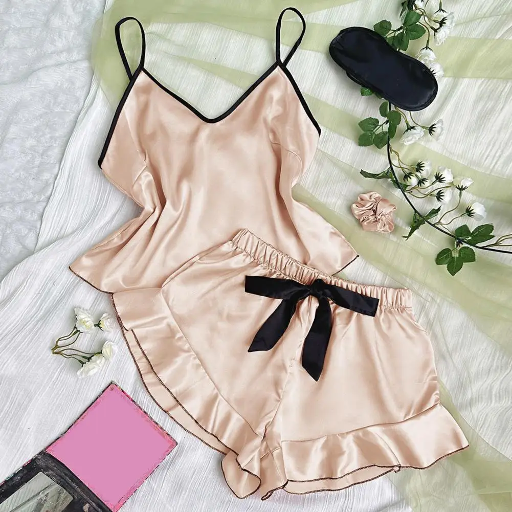 Women Night Clothes Elegant Satin Women's Pajamas Set with Spaghetti Strap Top Backless V Neck Design Ruffle Pleated Shorts