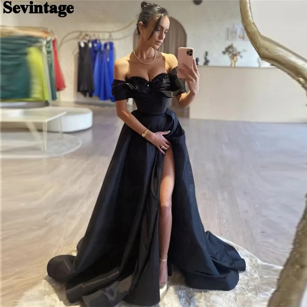 

Sevintage Customized Elegant Black Satin Prom Dress A-Line Off The Shoulder High Slit Floor Length Ruched Evening Dress