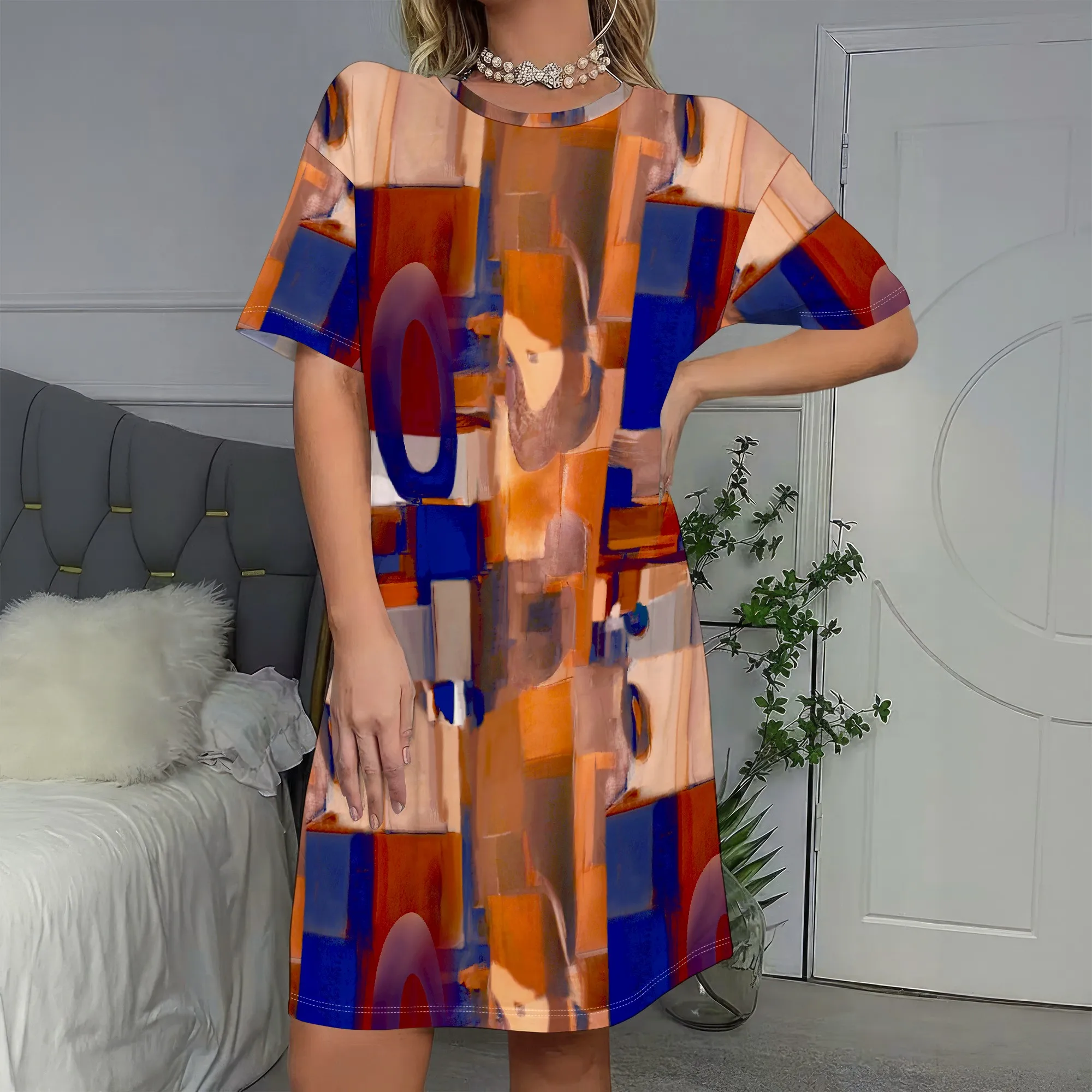 

Abstract Art Print, Short Sleeve Dress, Loose Fit Shift, Boho Casual Wear, Summer Beach Party, S-2XL