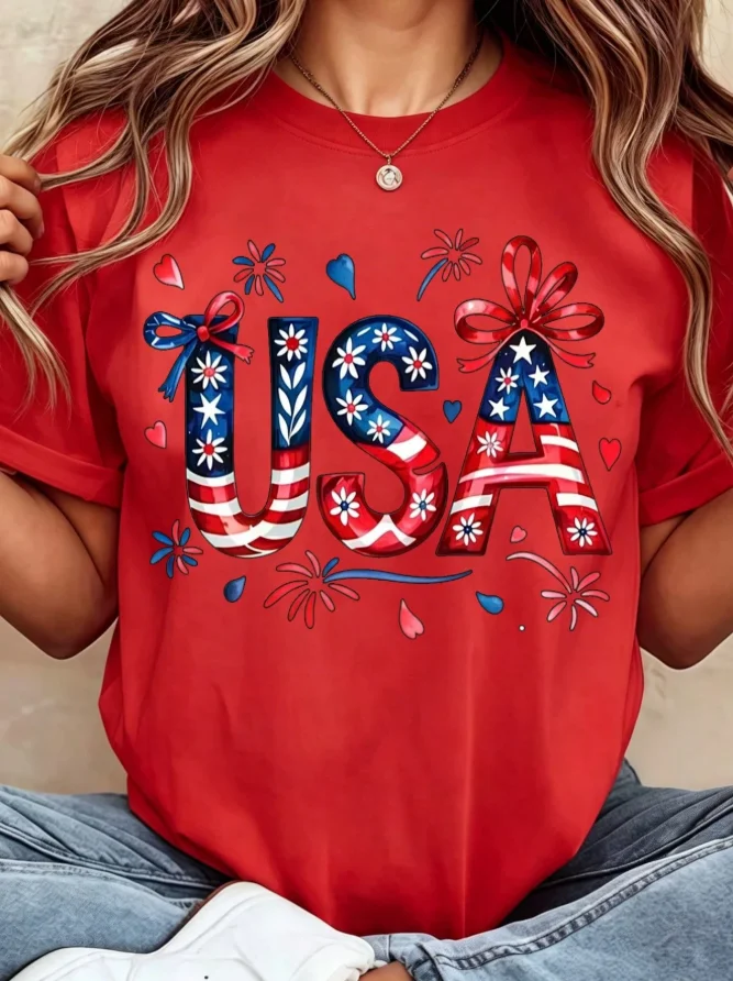 2026 New Fashion Women Crew Neck Short Sleeve T-Shirt USA Patriotic Stars And Stripes Flag With Bow Decor Graphic Print Independence Day Celebration Casual Tops Basic Top T-Shirt