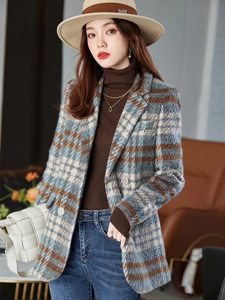 Fashion Ladies Blazer Women Blue Green Plaid Long Sleeve Female Casual Jacket For Autumn Winter