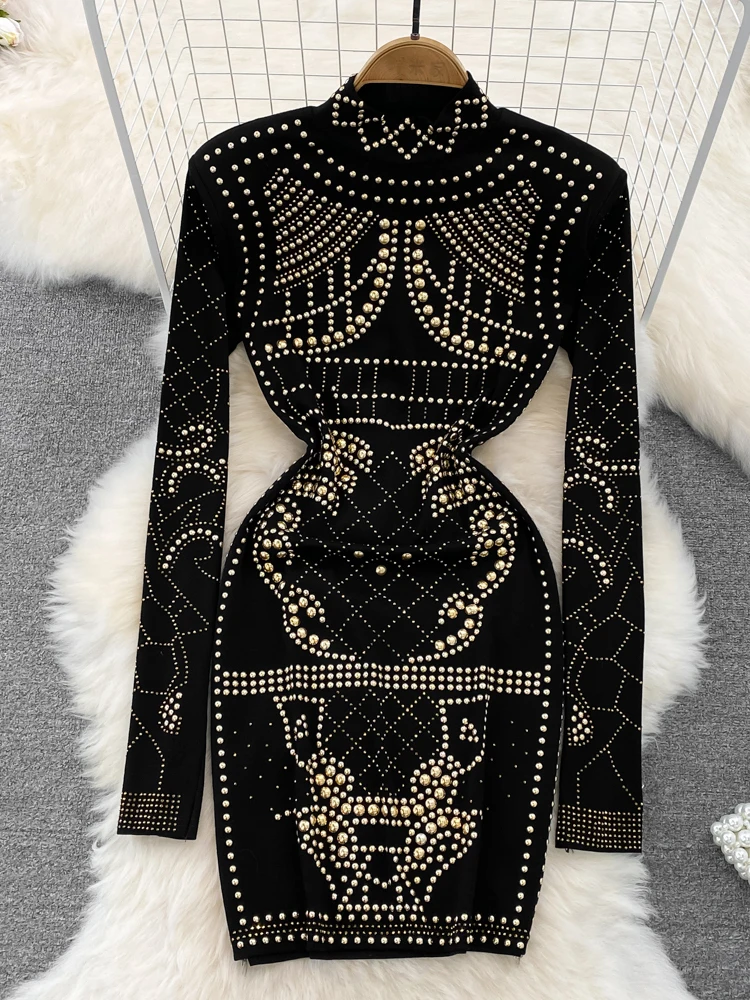 Spring Autumn Women Gold/Silver Rivet Bodycon Party Dress Vintage Stand Collar Long Sleeve Sheath Slim Black Vestidos Female