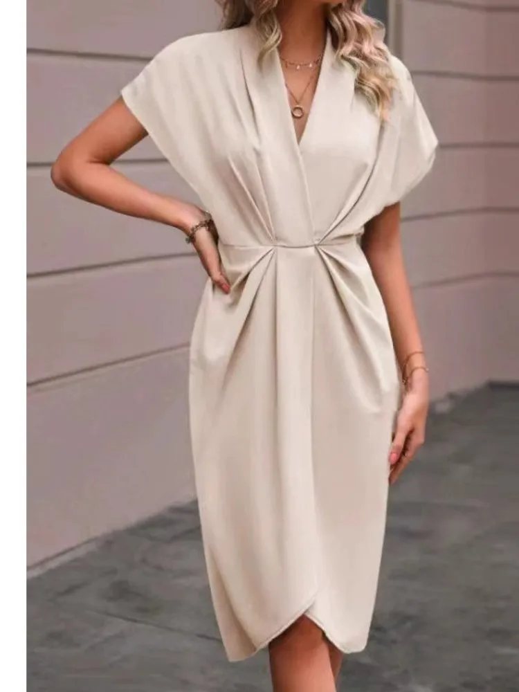 

Solid Color Irregular Dress Dresses Woman Vestidos Hem V-link All-match Simple Style Gentle Casual Temperament Elegant French