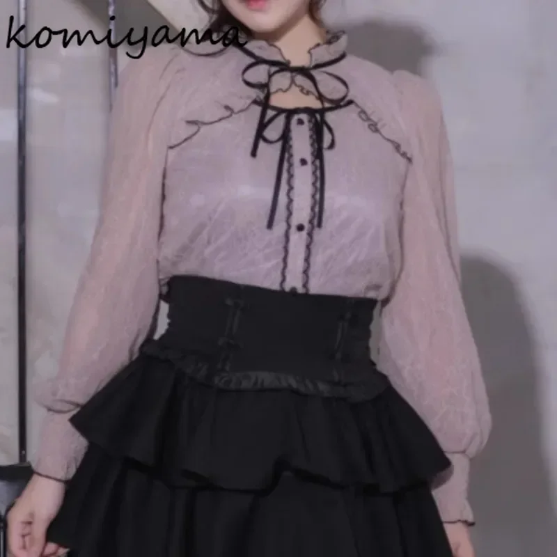 

Кружевные повязки с бантом Blusas Mujer, женские рубашки и блузки, новые милые сексуальные майки, японская женская одежда, весенняя одежда