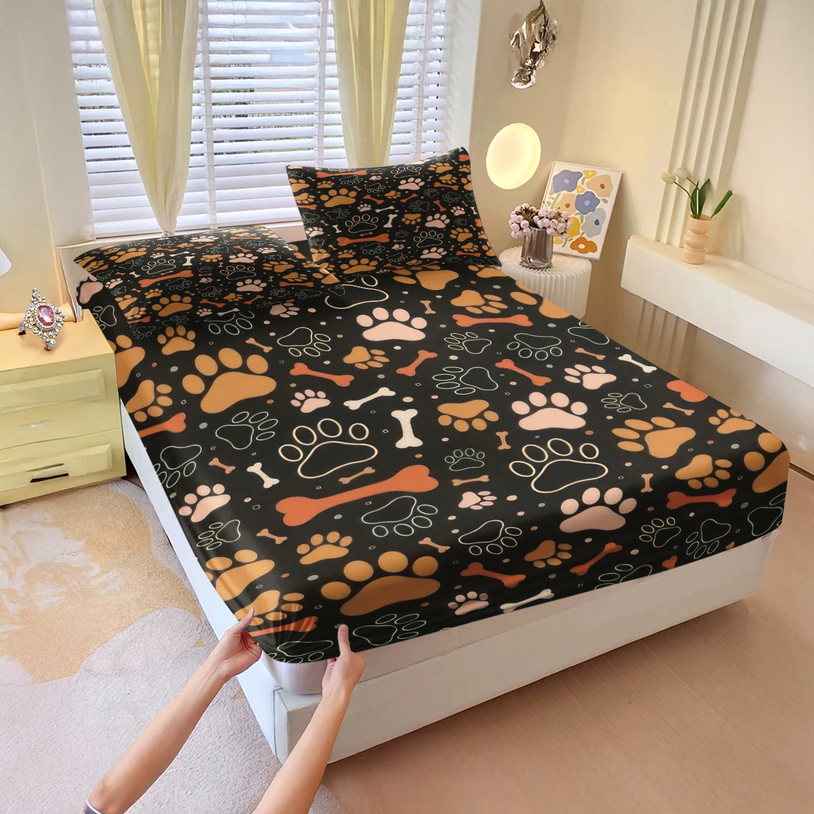 Dog Paw Print Bone Fitted Sheet Set Black Background Pet Dog Pattern Bedding Set Soft Microfiber Mattress Cover with Pillowcases