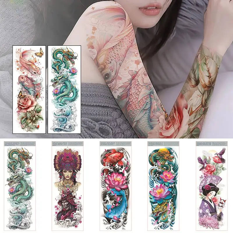 HOT Sexy Long Full Arm Rose Clock Temporary Tattoos For Men Women Waterproof Tattoos Lion Tiger Anime Large Fake Tattoo Stickers