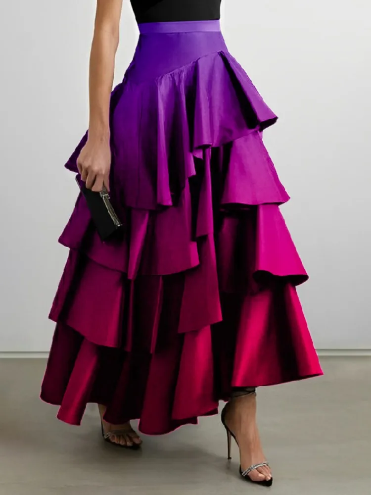 Women's Elegant Ombre Tiered Ruffle Falbala Maxi Skirts High Waisted Loose Formal Evening Party Office A-line Skirt Bottoms