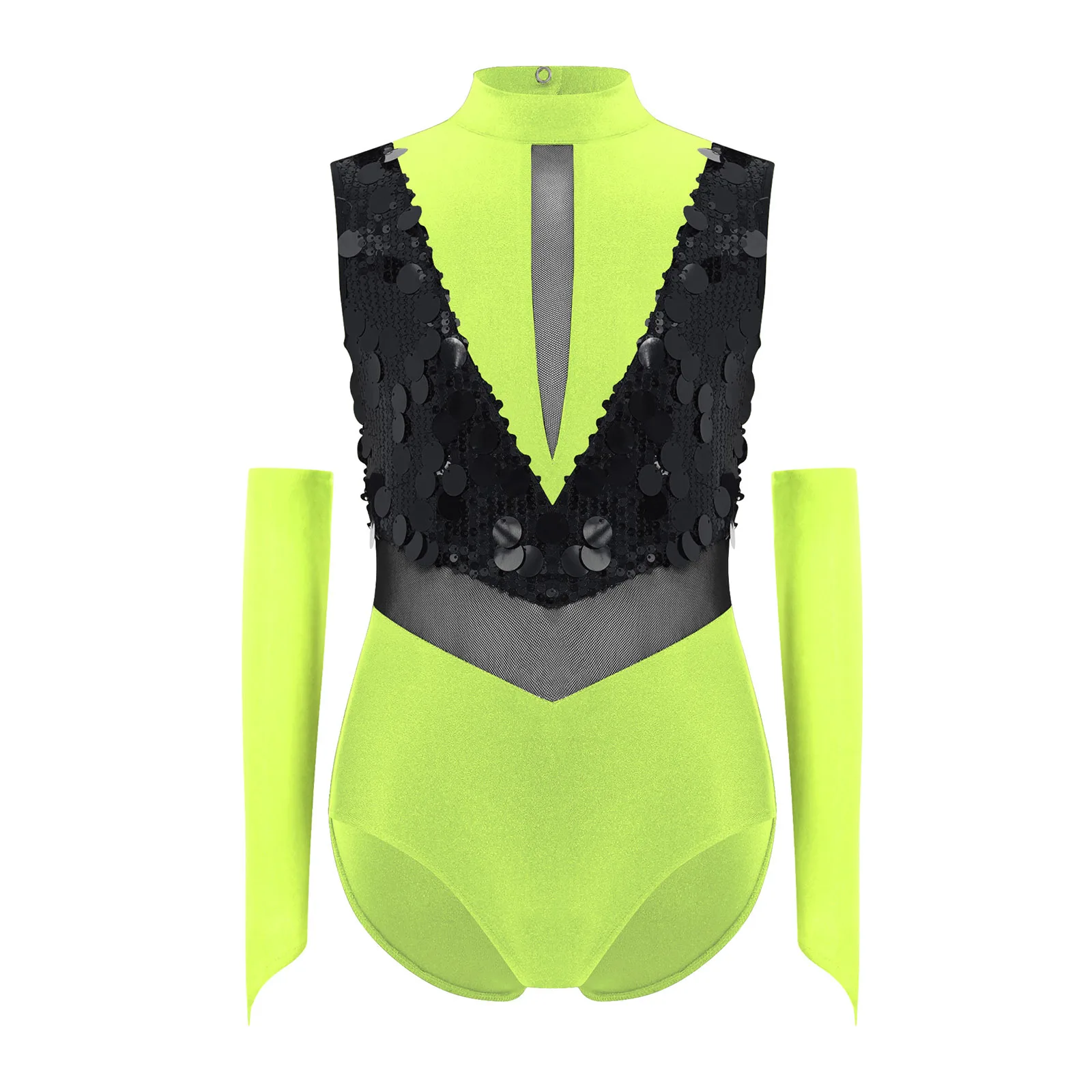 Girls Shiny Sequins Jazz Latin Dance Leotard Gymnastics Performance Outfit Sleeveless Leotard with Gloves Ballerina Dancewear