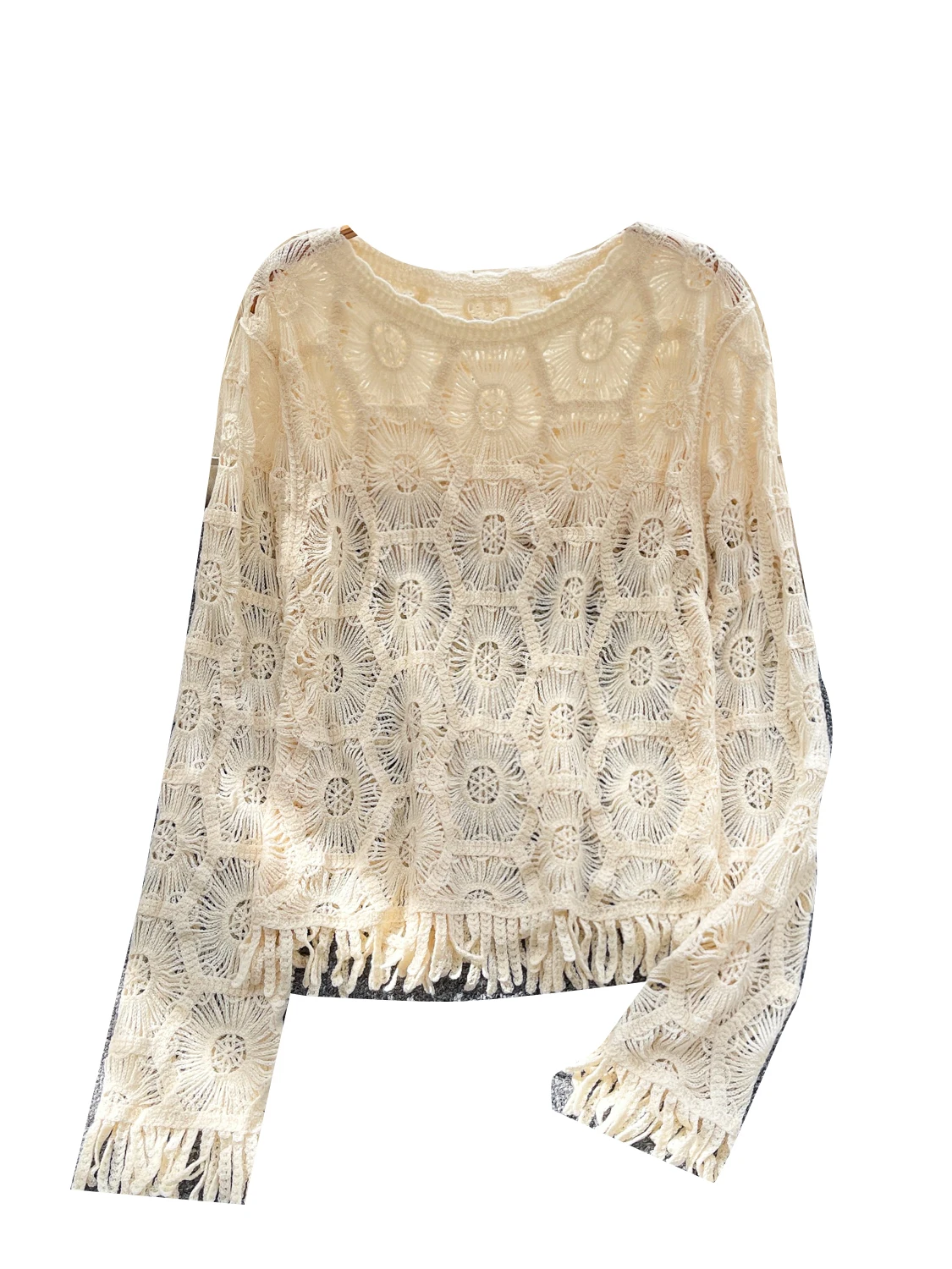 Sweet Sle Long Sve Knitted Cover up Women's Faion Thin Outerwear Tassel Trim V-Ne Loose Fit Autumn Seasonal Top