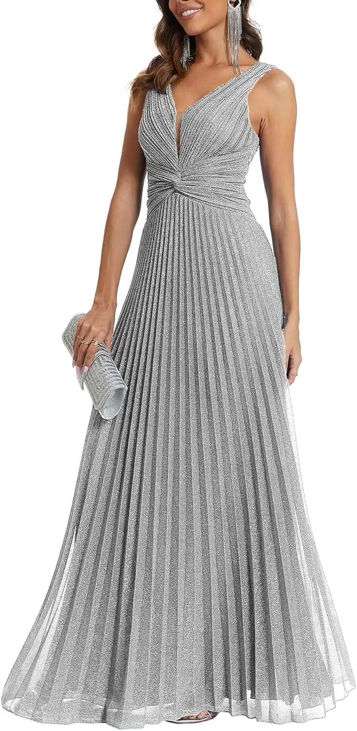 ชุดเดรสค็อกเทลสตรีคอวีเอวสูงจีบชุดราตรีแขนกุดเอ-ไลน์ชุดพร้อมเอวผูกชุดรับปริญญา