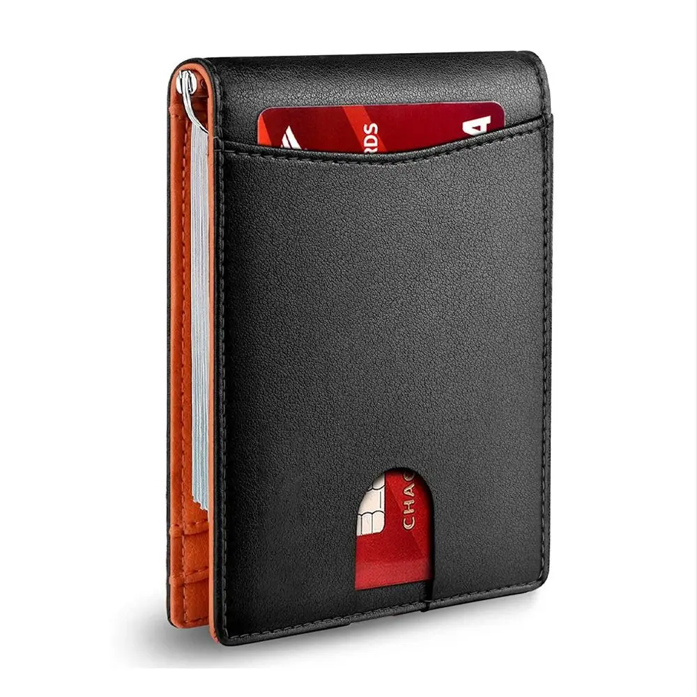 Leather Mens Slim Wallet with Money Clip Anti-scan ID Credit Card Holder Front Pocket RFID Blocking Thin Small Wallet Women Men