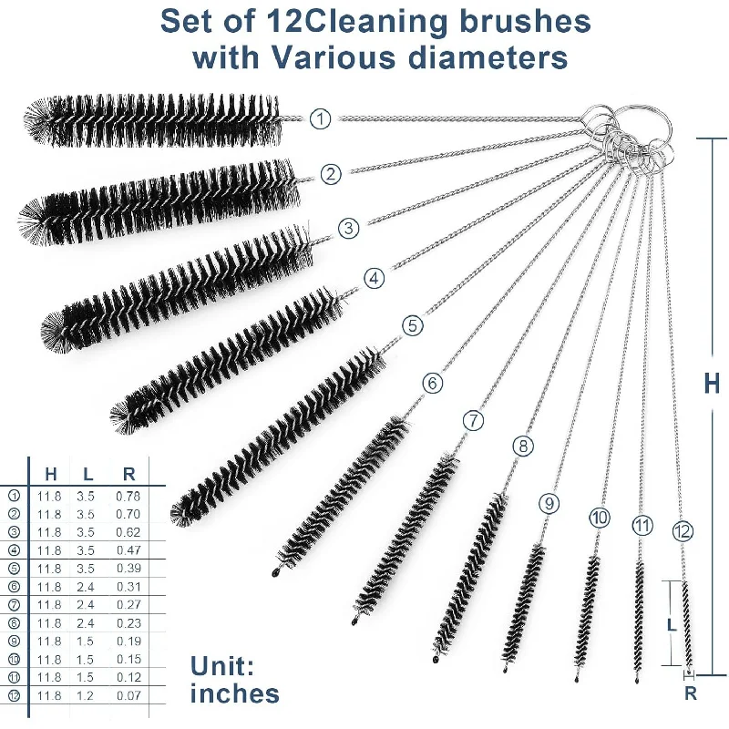 

Household 12 piece set, bottom cleaning, nylon tube brush, suitable for cleaning water bottles straw cups, pipes or teapot spout