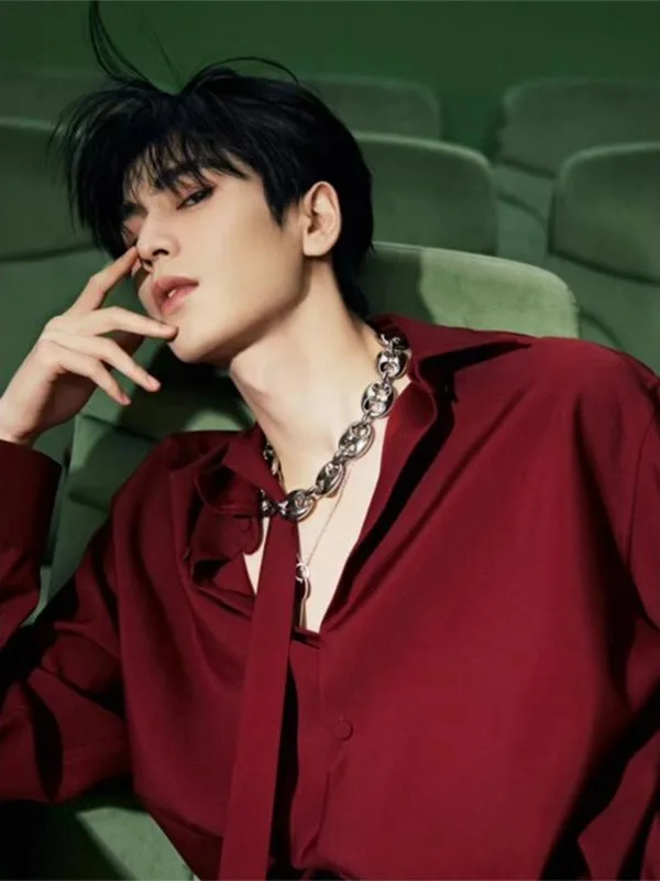 

Красная мужская рубашка с длинным рукавом Zhang Ling He, атласная, с галстуком-бабочкой, стильная, для весны и осени, верхняя одежда из полиэфирного волокна