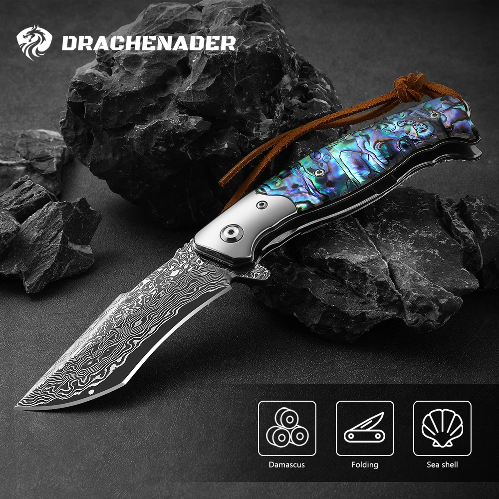 DRACHENADER cuchillo plegable de Damasco para hombre, navaja de bolsillo de núcleo Vg10 para acampar al aire libre, caza, Multitoola de bolsillo Edc