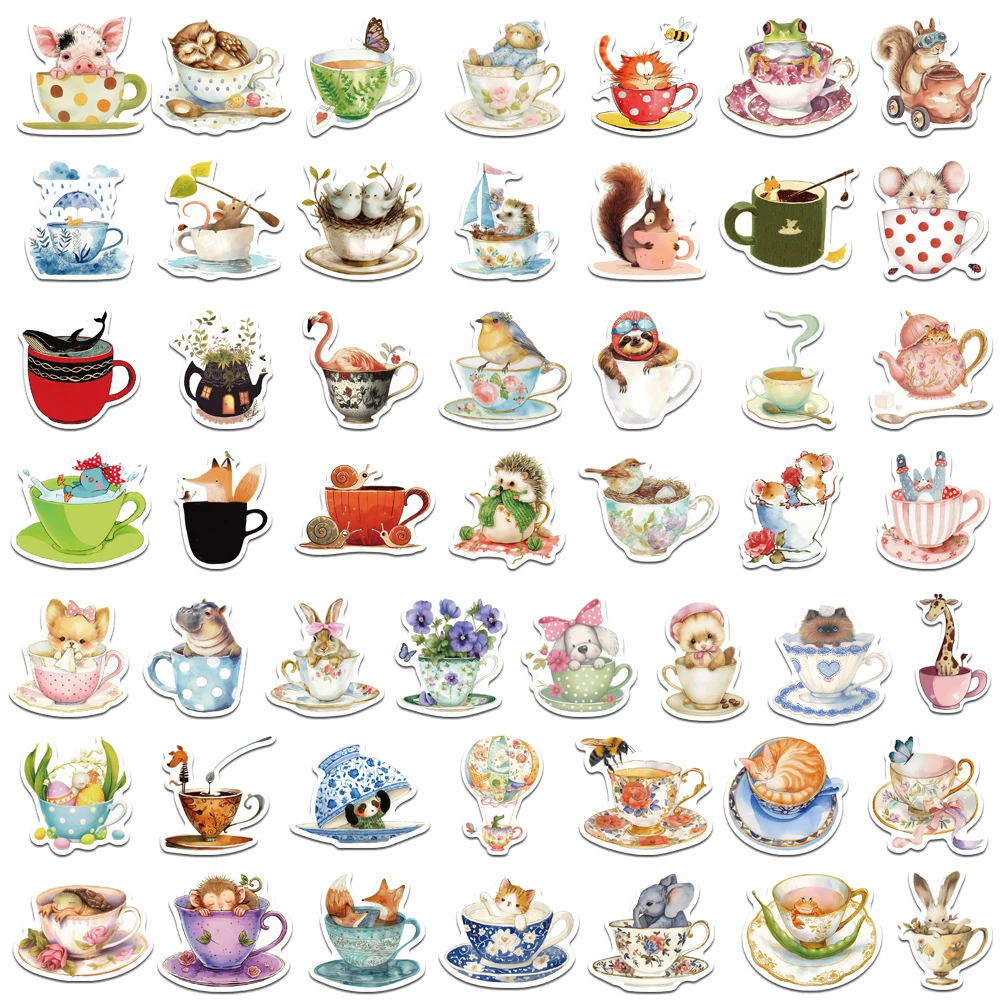 Autocollants mignons d'animaux de tasse de thé de bande dessinée, graffiti d'interconnexion créatif, décalcomanies de JEPhone, décor d'autocollant Kawaii, 10 PCs, 30 PCs, 50PCs