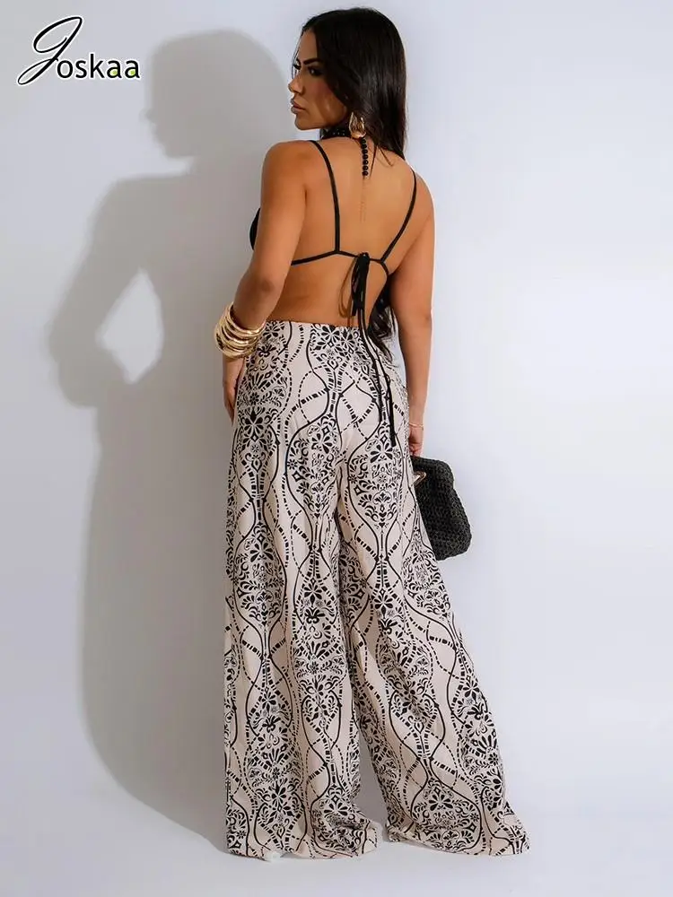 Joskaa Women Paisley Printed Spaghetti Strap Wide Leg Jumpsuit Fashion Low Cut Backless Bandage One Piece Rompers Y2K Streetwear