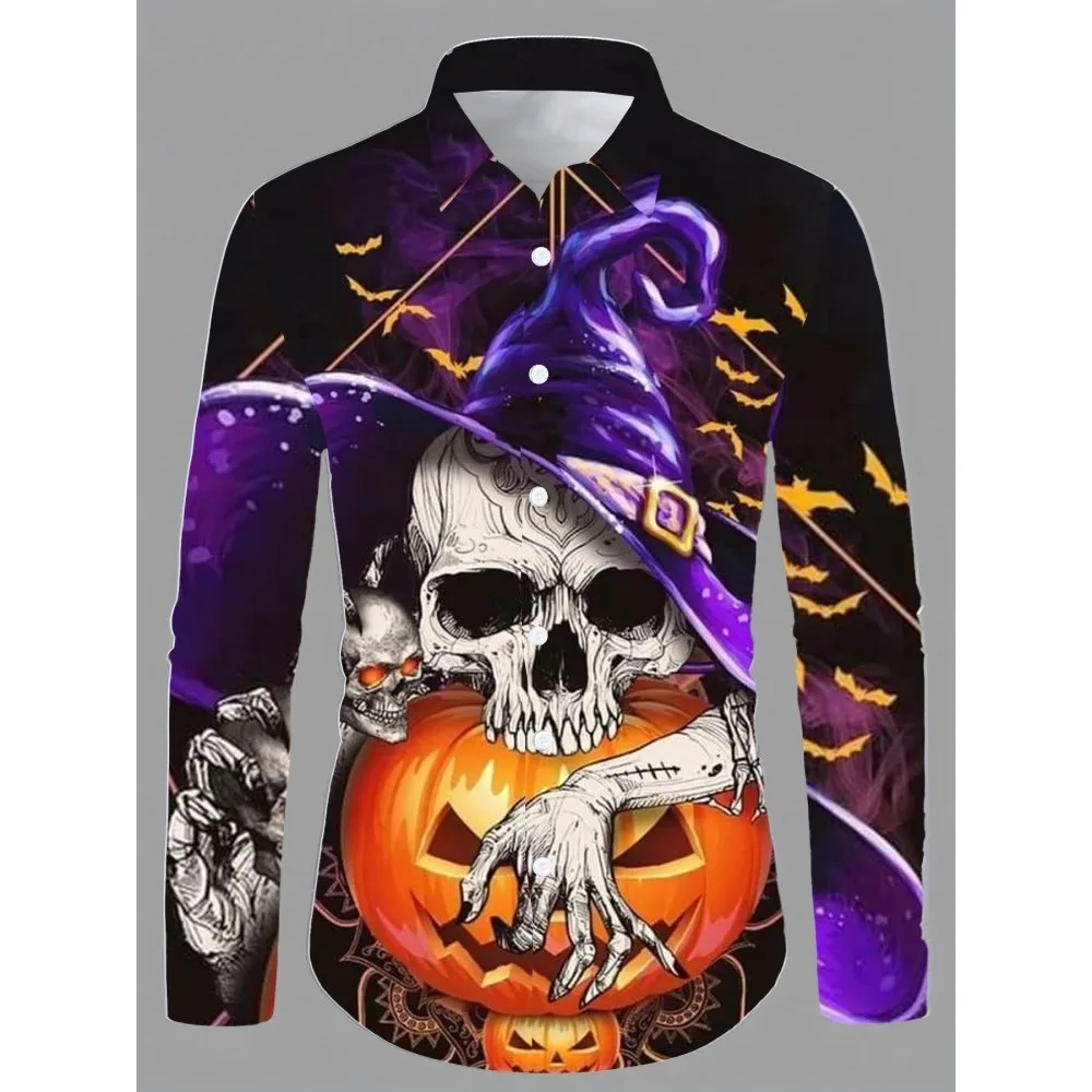 

2024 Halloween new skull trendy fashion casual holiday style men's digital printed long-sleeved shirt shirt trendy men