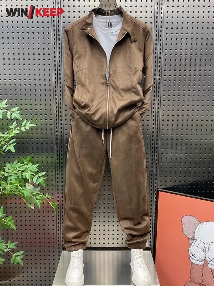 Versatile Outdoor Mens New Zipper Loose Two Piece Running Set Tops Pants Gym Fitness Sports Sets Fashion Male Tracksuit Jogging