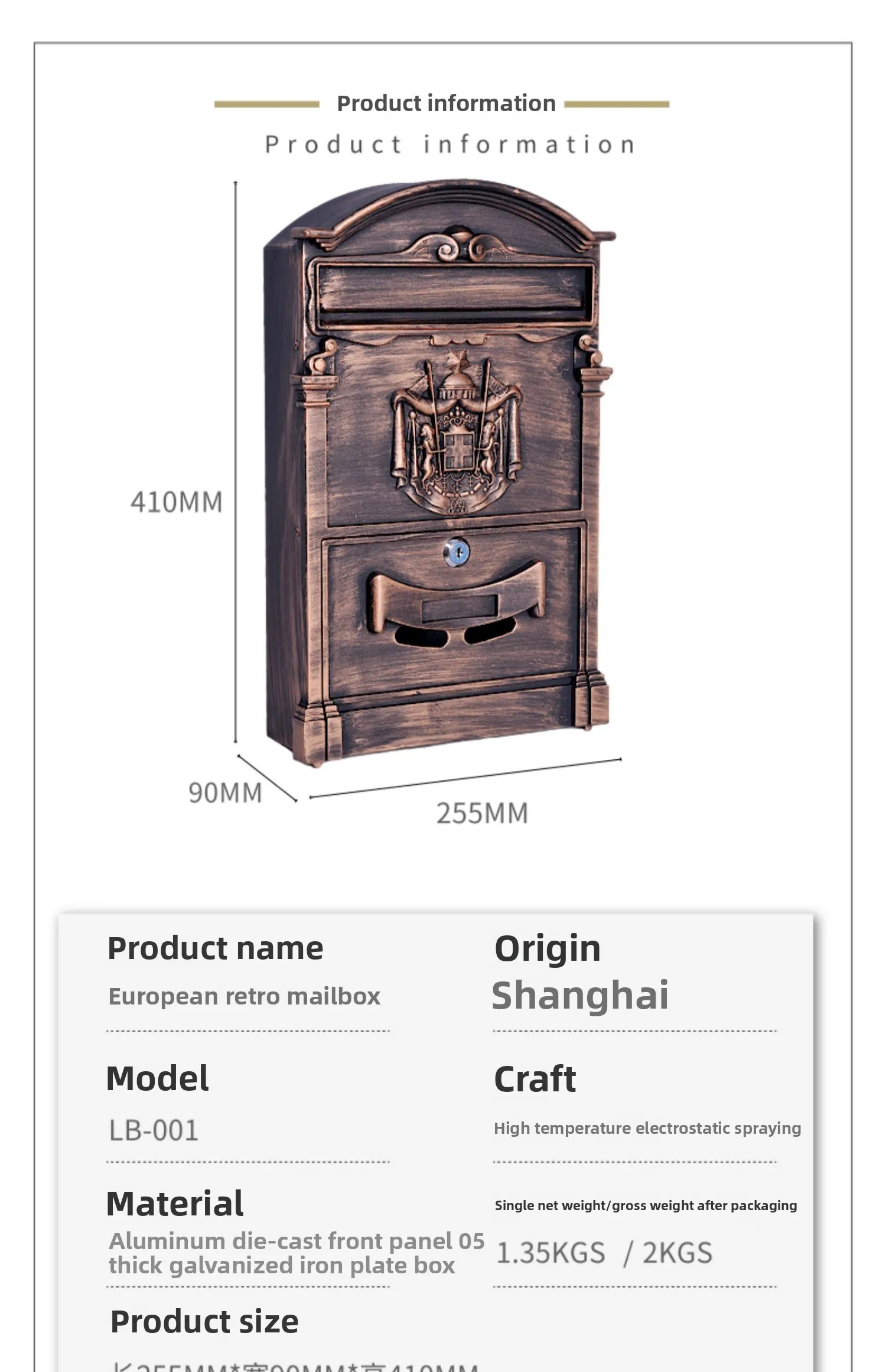 Metal Mailbox Post Lockable Mail Box Hanging Suggestion Box Front Door Gate Secure Large Storage Outdoor Decoration