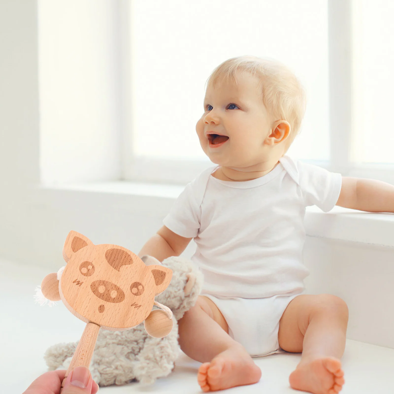 Tambour à secouer de conception animale, hochet à main pour bébé, Instrument de musique pour le développement sensoriel, jeu hochet en bois pour enfants