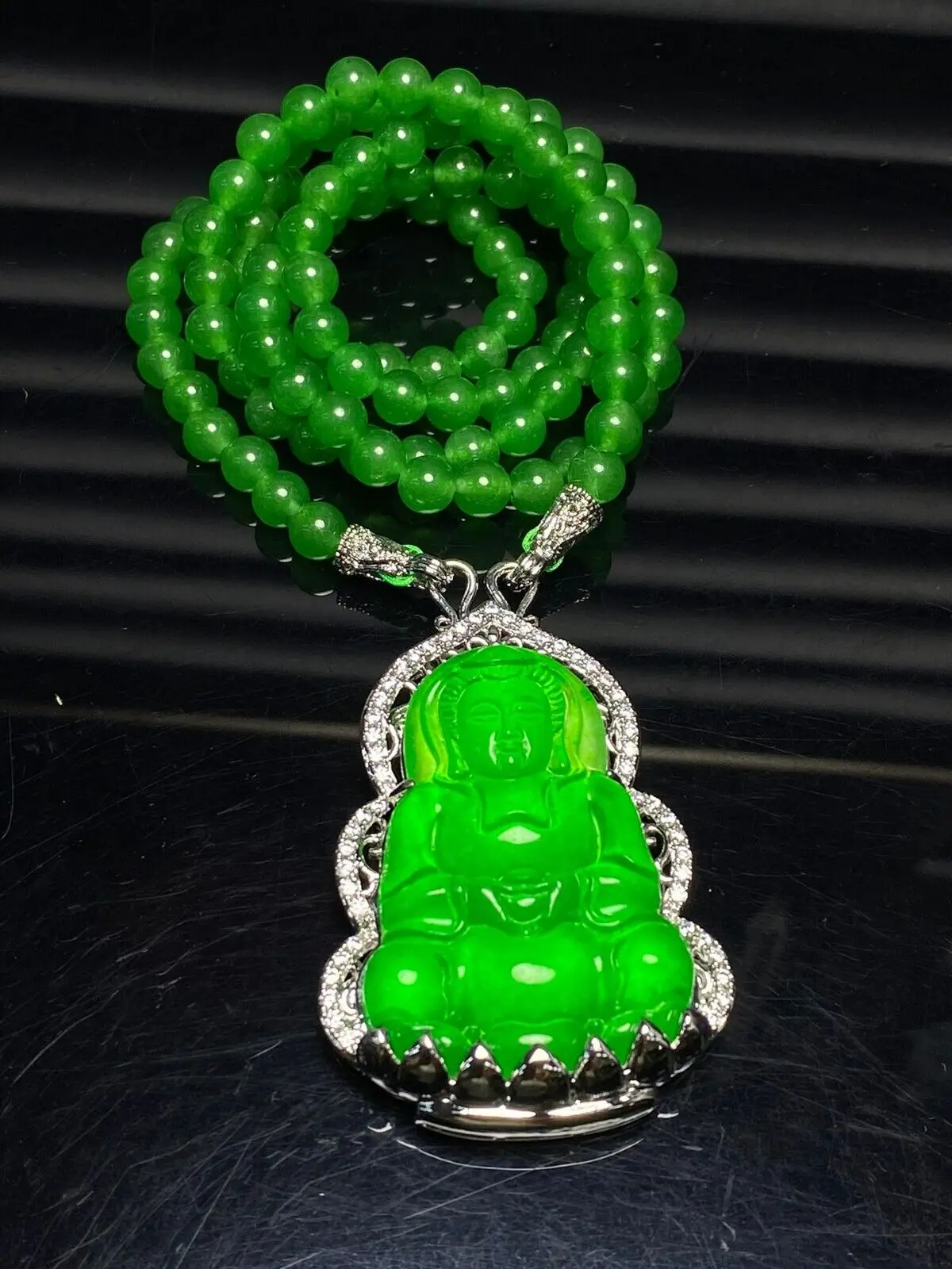 Natural Green jade Perfect Ice Jadeite Carved Guanyin Pendant&Necklace Certified