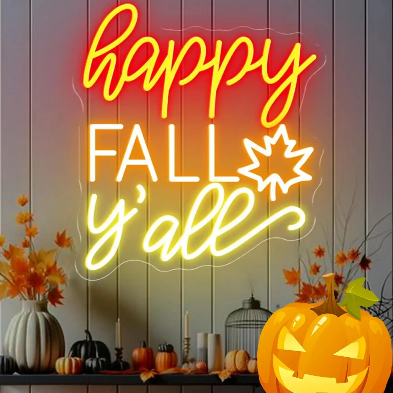 Happy Fall Y'all Neon Sign USB LED Neon Light Wall Decor Autumn Thanksgiving Harvest Home Party Bar Cafe Night Lamp Gift