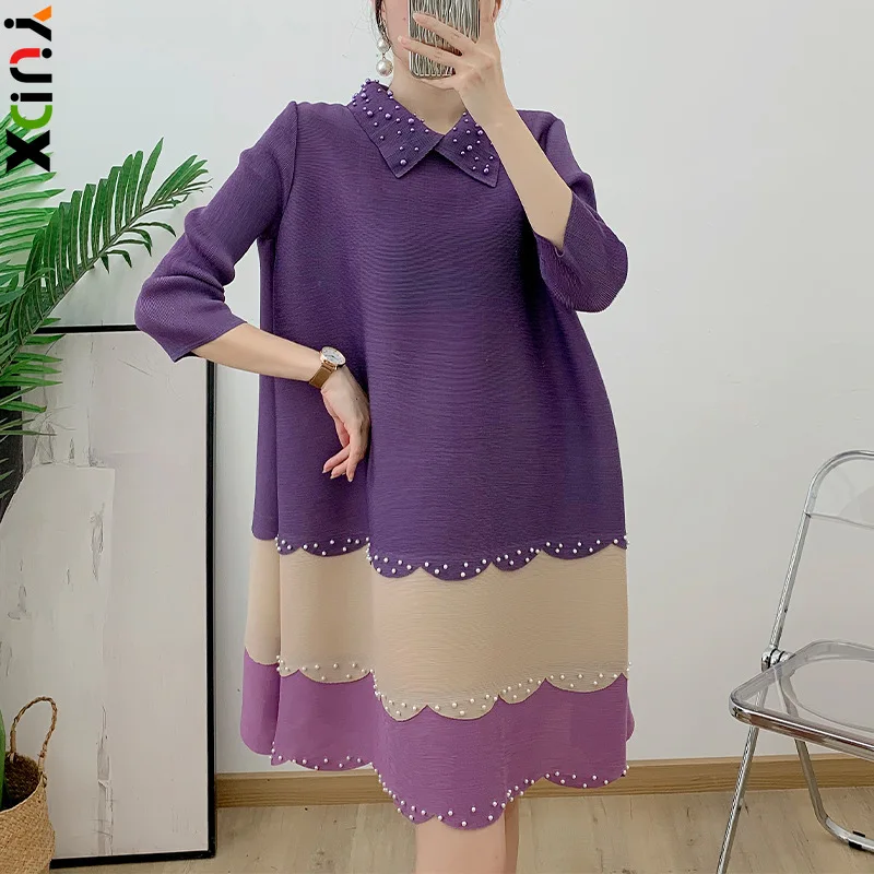 

YUDX Miyake Pleated Beading Dress Women Full Sleeve Lapel Medium Long Loose Color Block New Spring 2024 Elegant Clothing Lady