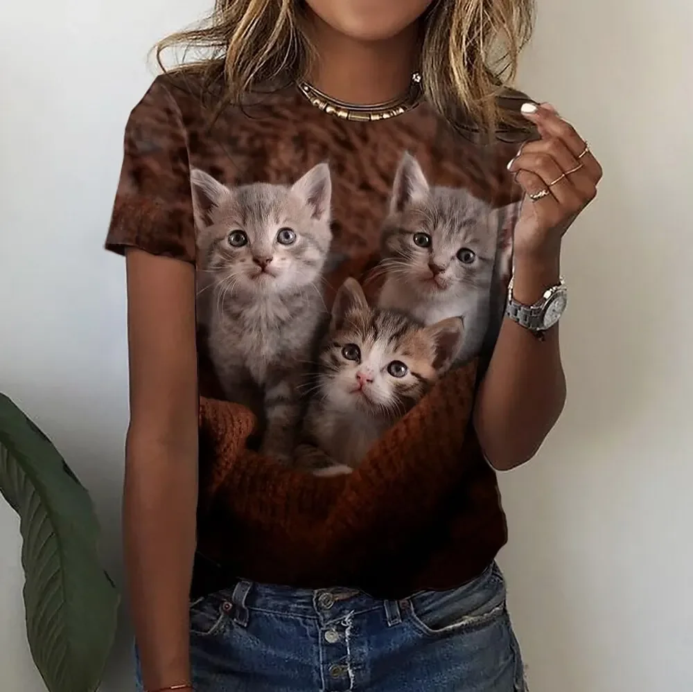 Women\'s T Shirts Funny 3D Kawaii Cat Print T-Shirts Fashion O-neck Short Sleeve Top Oversized Female Y2k Clothing Cute Girl Tees