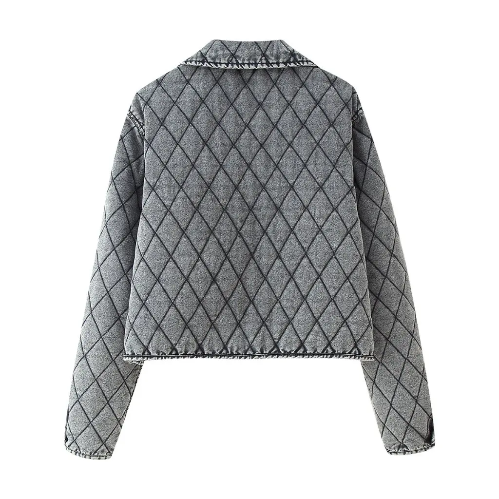 

Women's Large Size Quilted Denim Jacket Lapel Lace-Up Diamond Pattern Autumn Winter European American Style Cotton Coat