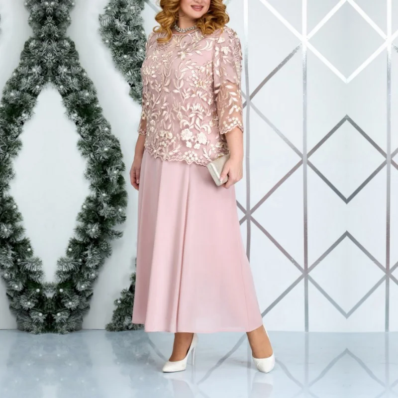 plus size loose women clothing Elegant crew neck Lace long sleeve High Waist dress vestidos de mujer elegantes para fiesta
